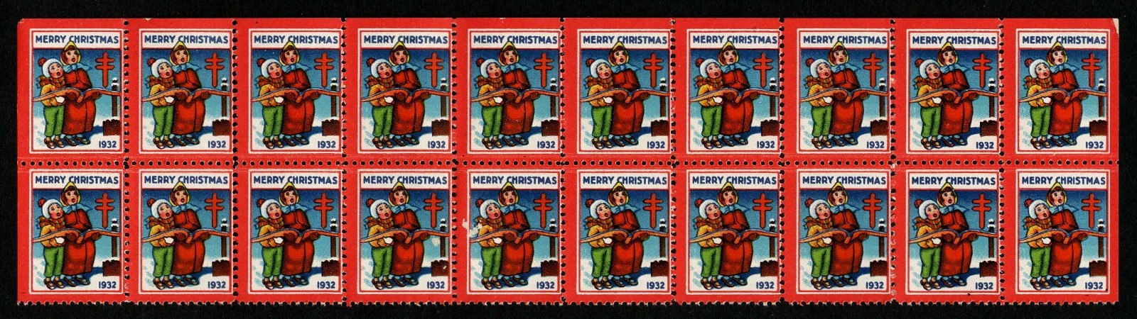 1932 WX66 Carolers Singing Strip of 20 US Christmas Seals/Stamps Mint MNH