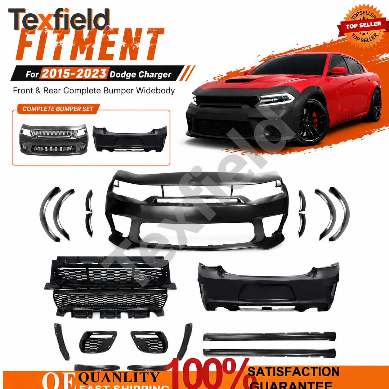 Complete Front + Rear Bumper Widebody Set Black Fits 2015-2023 Dodge Charger Complete Front + Rear Bumper Widebody Set Black Fits 2015-2023 Dodge Charger