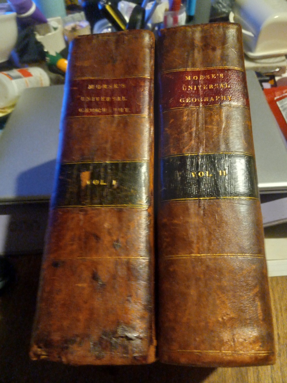 1819 MORSE'S UNIVERSAL GEOGRAPHY NICE 2 VOL FULL LEATHER SET W/5 FOLDOUT MAPS
