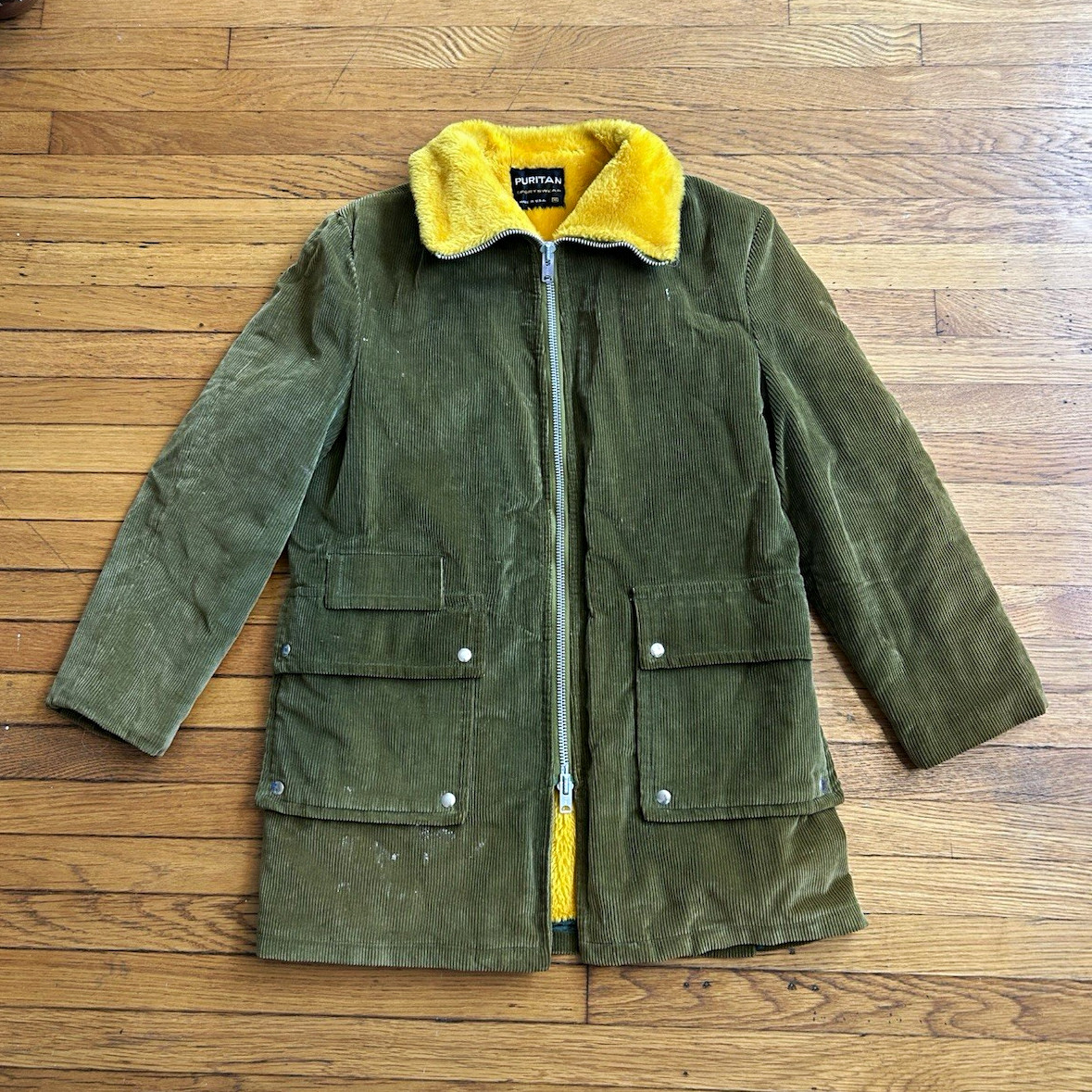 VTG 70s Puritan Khaki Faded Corduroy Jacket Yellow Faux Fur Lining Sz M USA Made