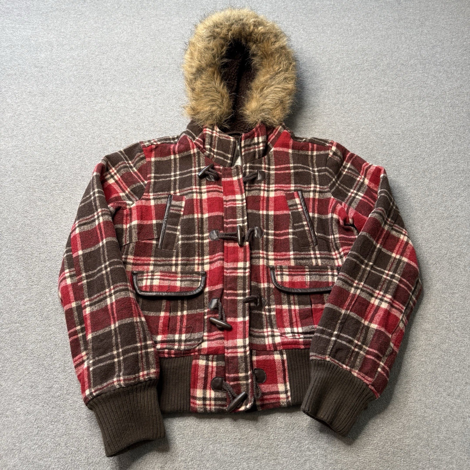 Vintage Aeropostale Jacket Womens Large Plaid Wool Flannel Fleece Fur Hoodie Y2K