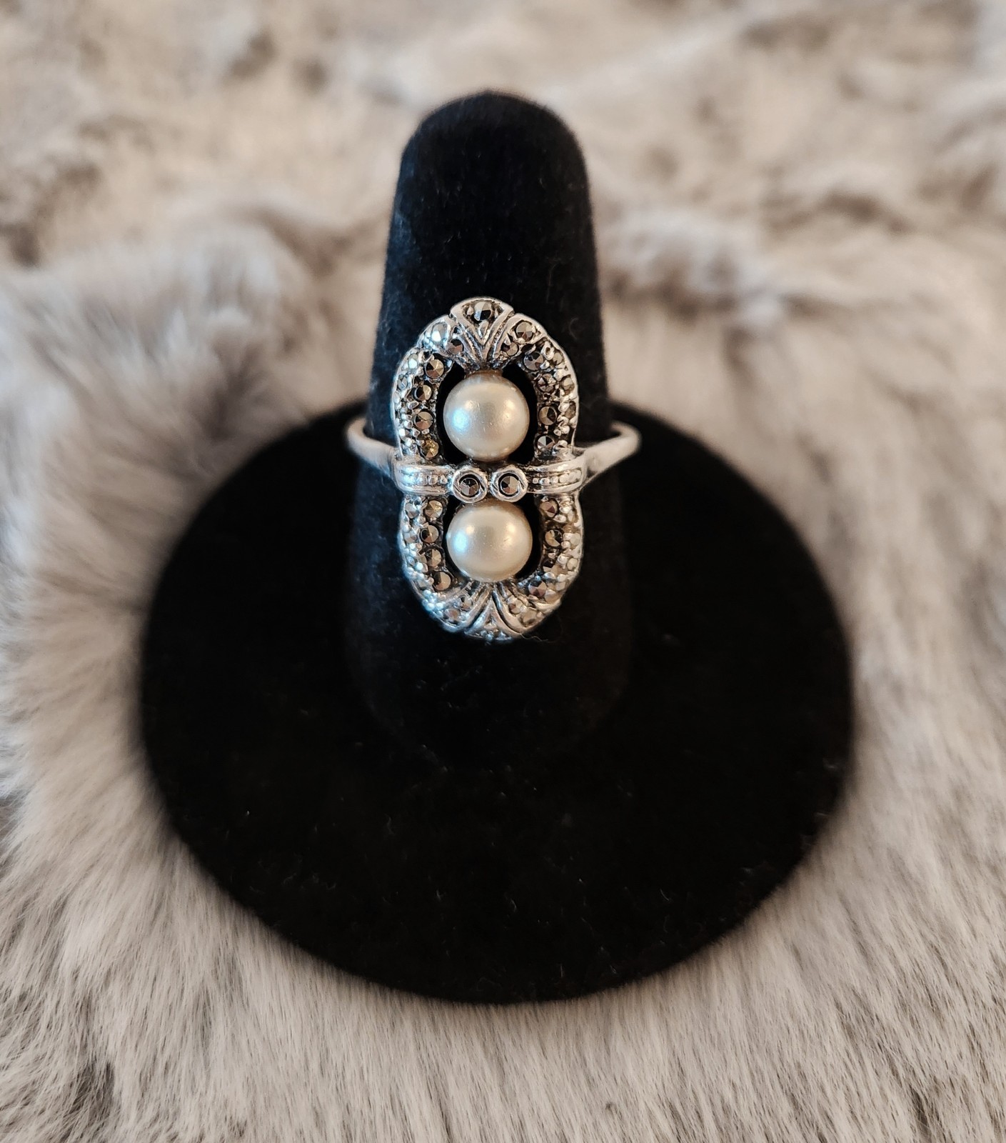 Art Deco c1930s 935 Silver Marcasite Style Faux Pearl Ring + 925 Studs