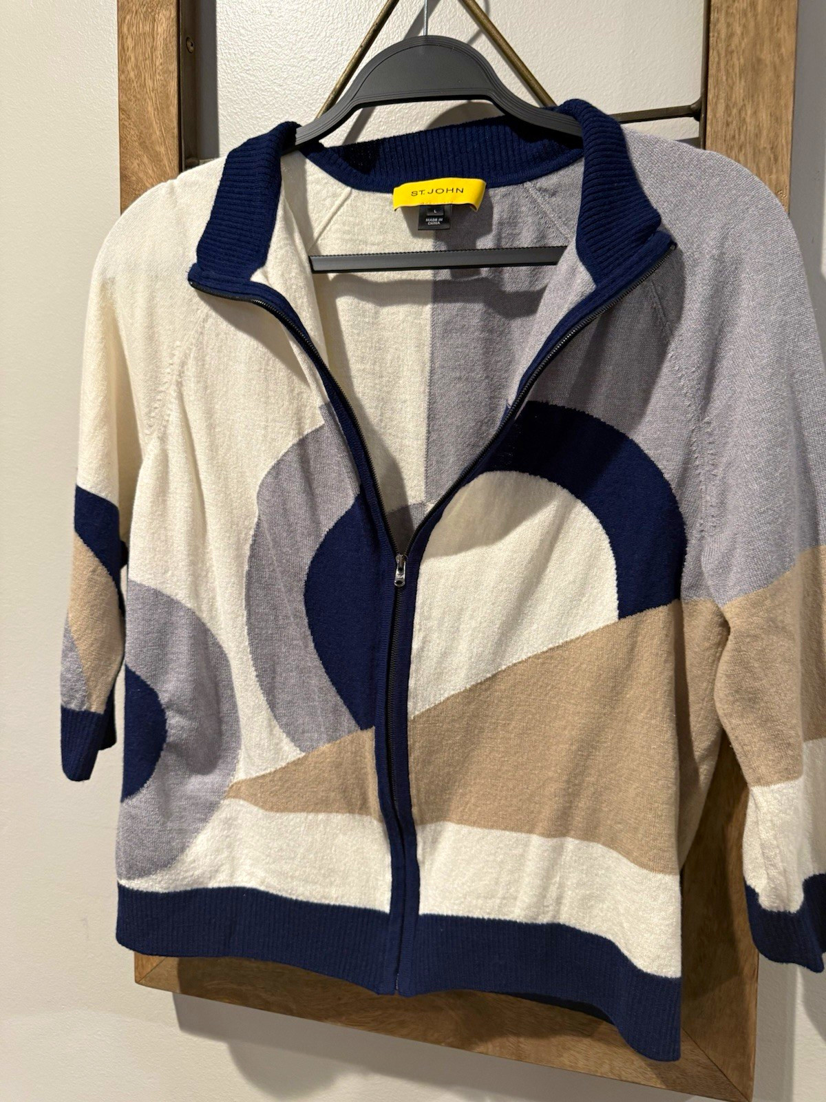 St. John Womens Geometric Knit Wool Rayon Full Zip Collared Cardigan Sweater L St. John Womens Geometric Knit Wool Rayon Full Zip Collared Cardigan Sweater L