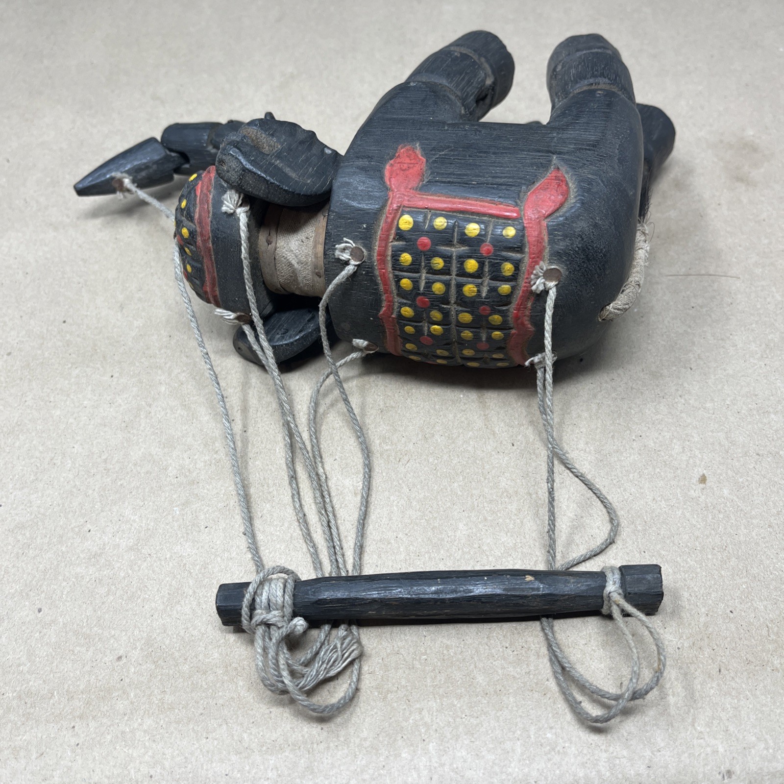 VINTAGE HAND CRAFTED WOODEN ARTICULATED ELEPHANT MARIONETTE  PUPPET WALL HANGING
