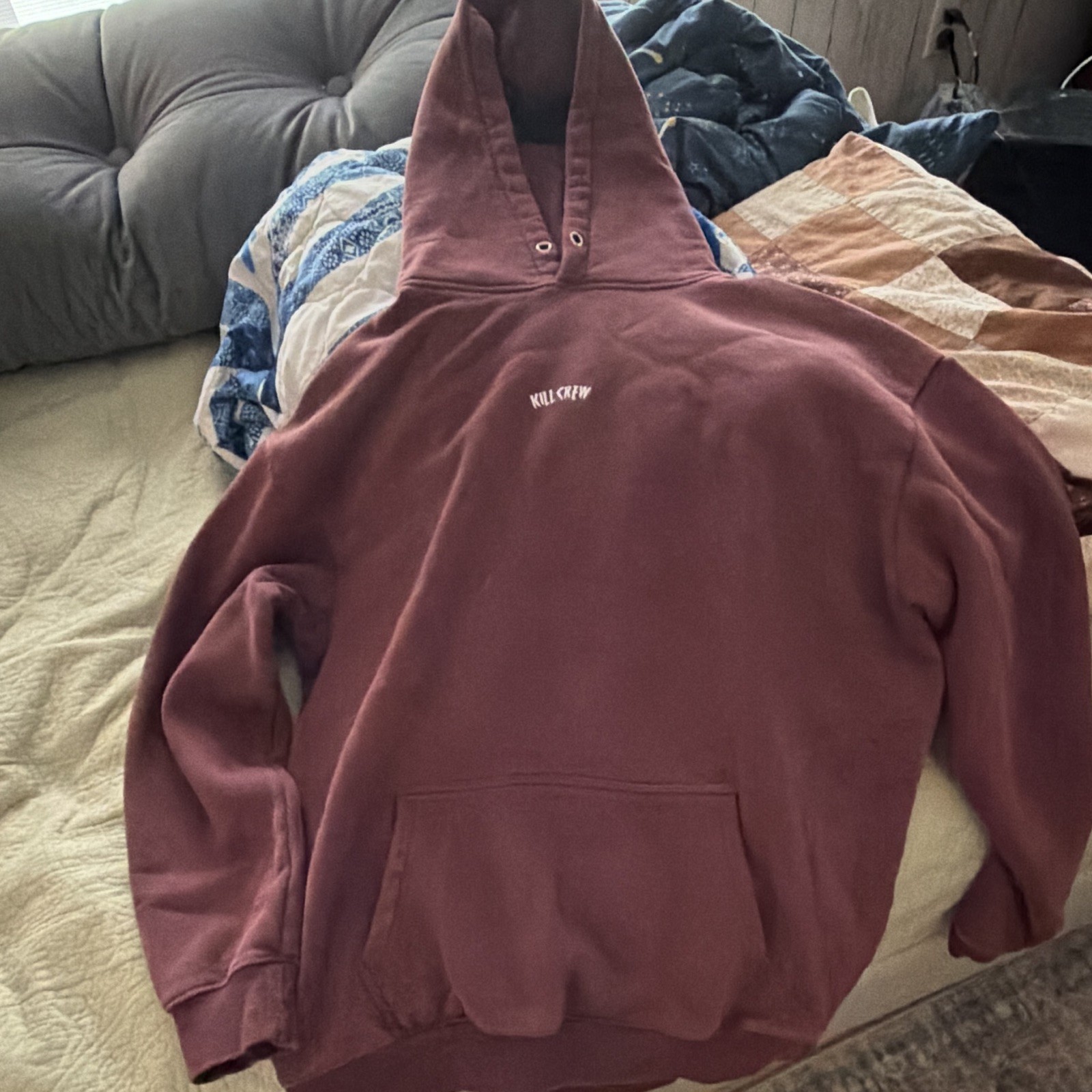 Kill Crew Men’s Burgundy Pullover Hoodie Logo, Kangaroo Pocket Size XL