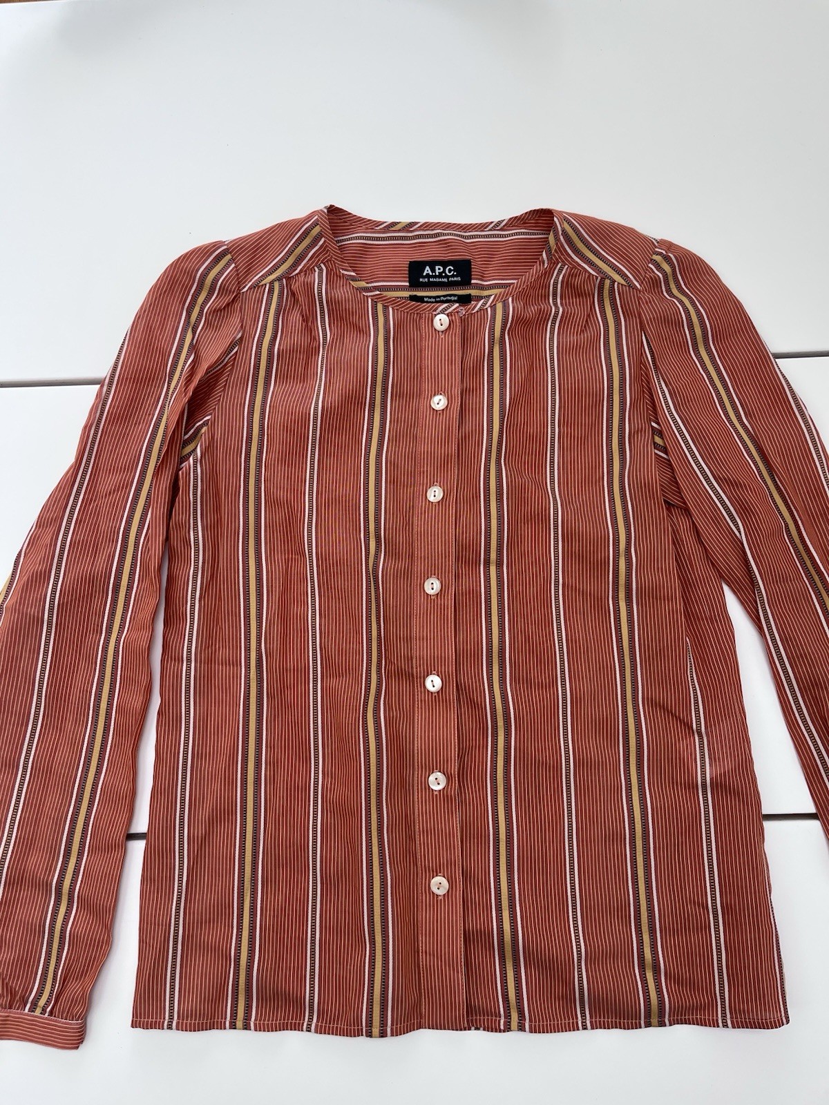 A.P.C. Women\'s Lucie Blouse In Rust Orange Stripe French Size 34 A.P.C. Women\'s Lucie Blouse In Rust Orange Stripe French Size 34