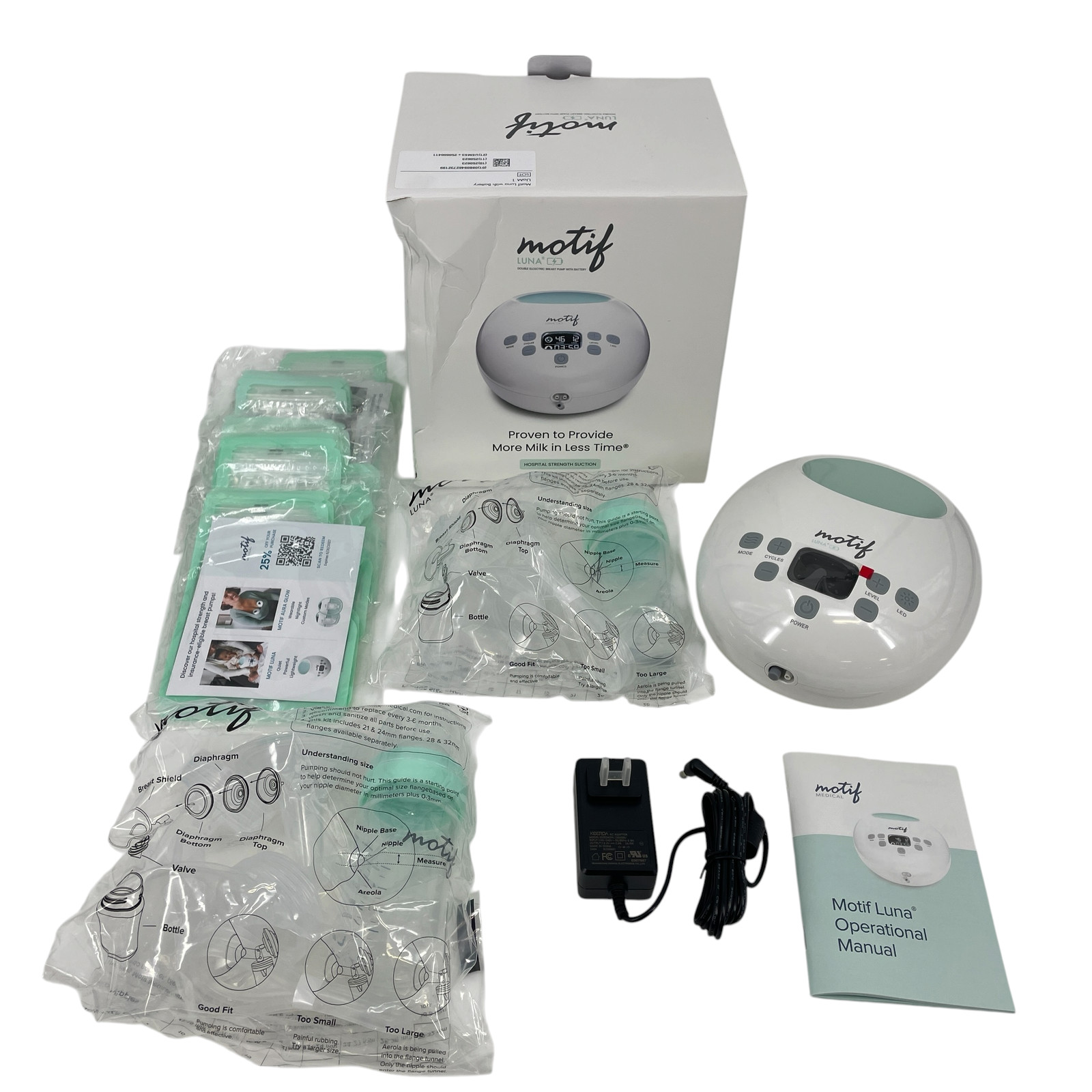Motif Luna Battery Double Breast Pump & 50 milk storage bags #OB0246