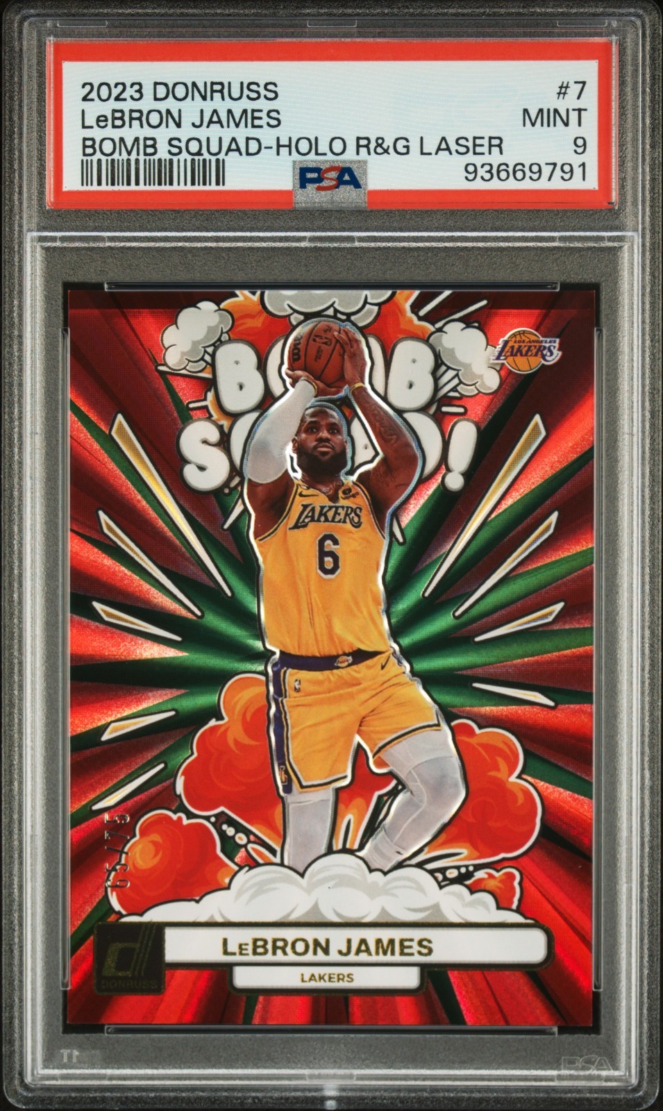 2023 PANINI DONRUSS BOMB SQUAD HOLO R&G LASER #7 LEBRON JAMES 65/75 PSA 9 POP 7