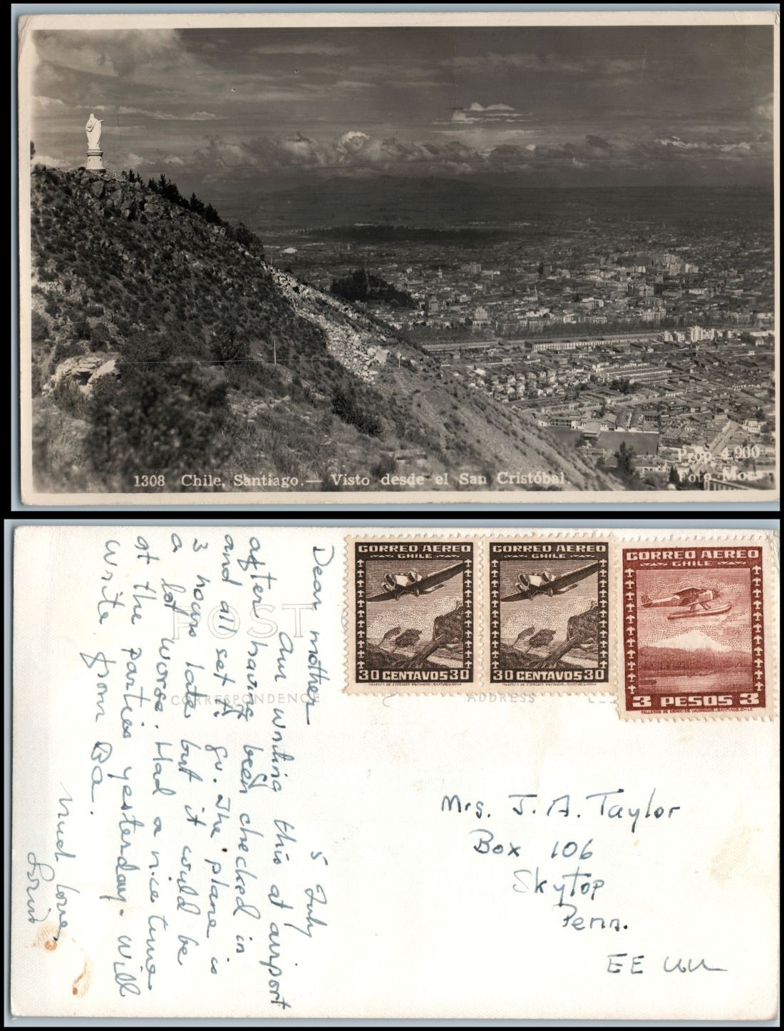 Santiago Chile postcard Visto desde el San Cristobal Foto Mora airmail RPPC