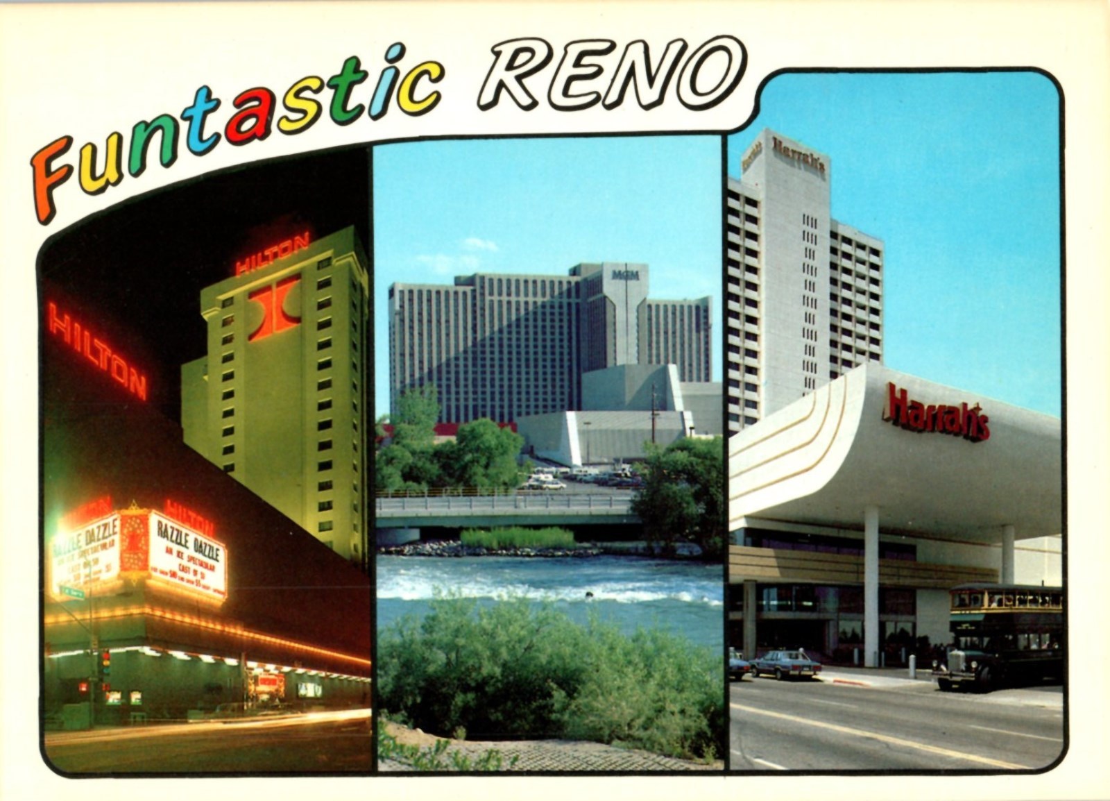 1970s Harrah\'s Hilton MGM Grand Hotel Casino Reno Nevada Postcard Vintage 3 View