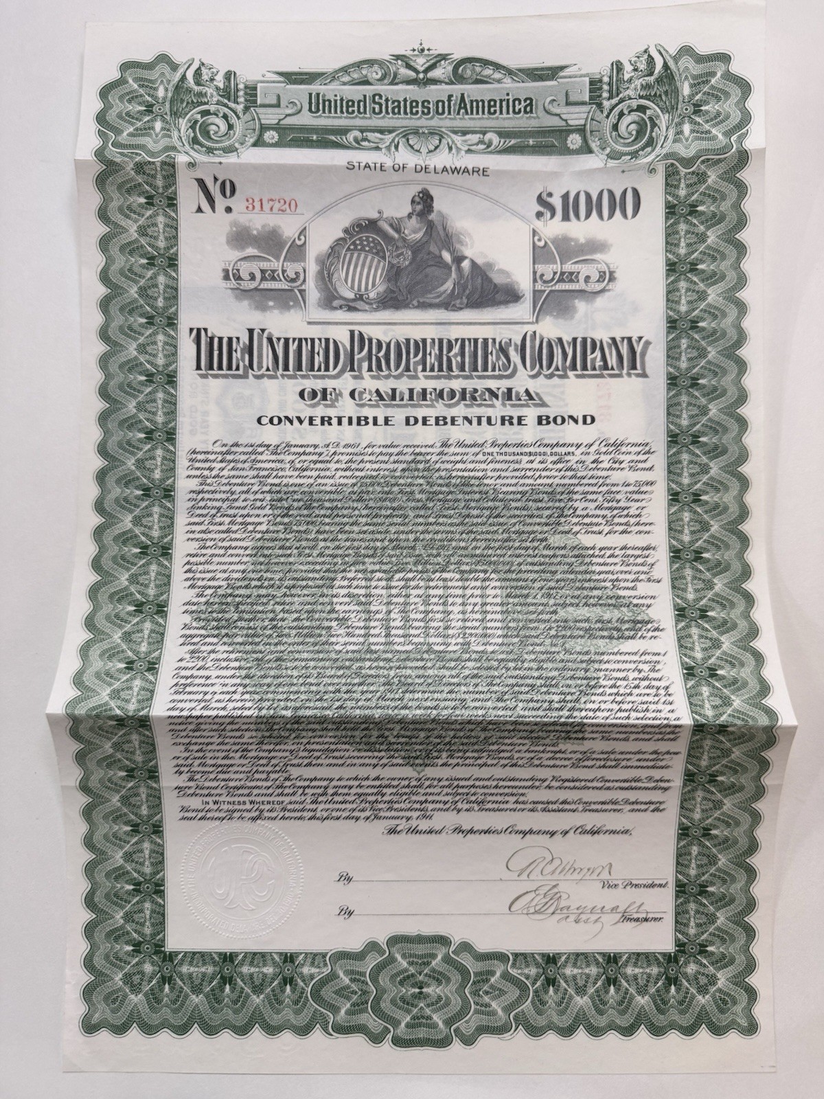 1961 The United Properties Company Bond Certificate #31720, California
