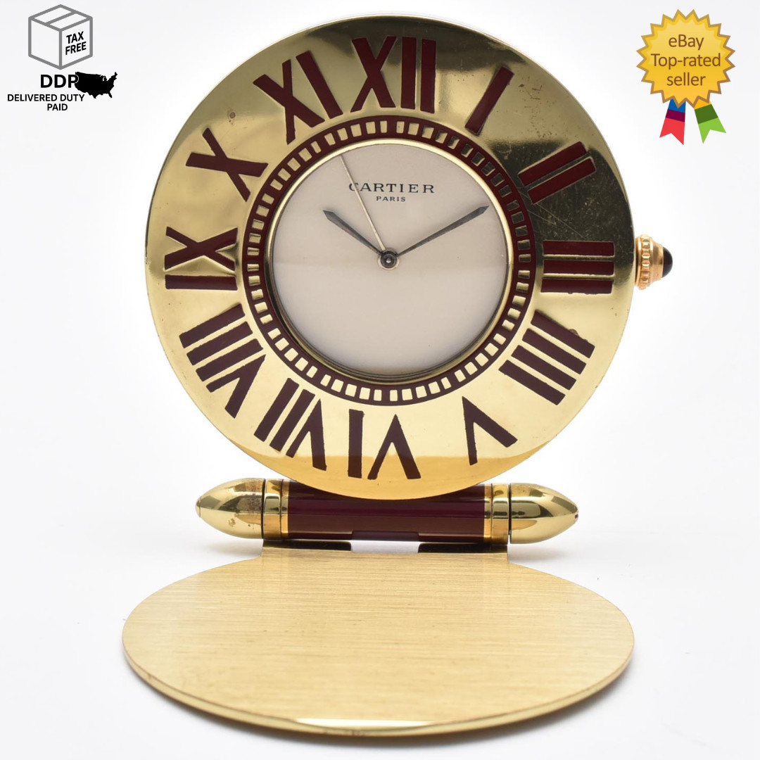 [ Exc+5 ] Cartier Paris Quartz Table Clock Gold White Dial Pocket Watch
