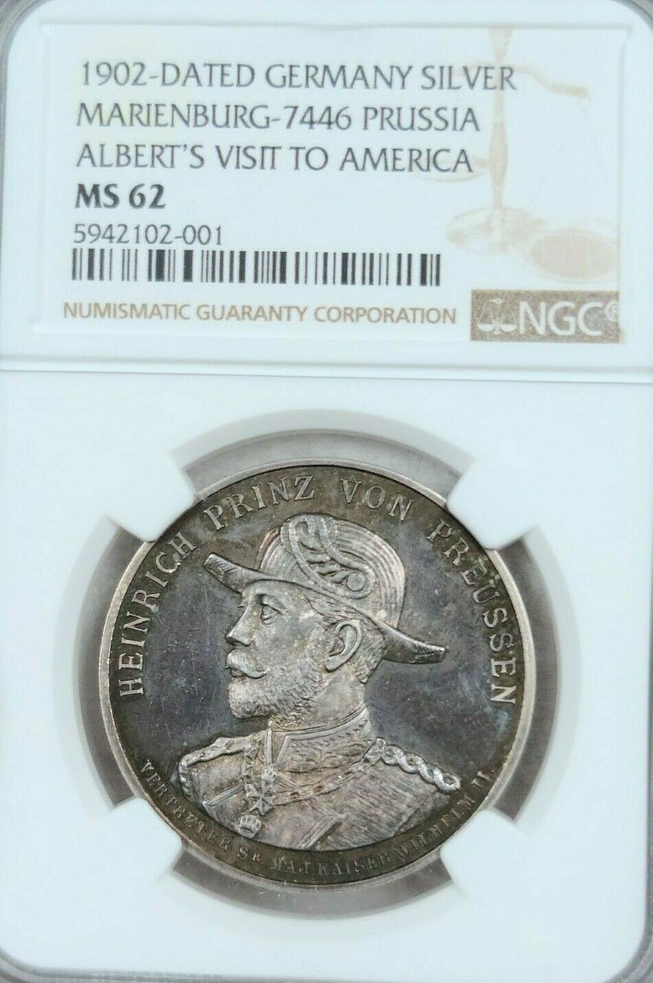 1902 GERMANY SILVER MEDAL PRUSSIA ALBERTS VISIT TO AMERICA NGC MS 62 VERY RARE 1902 GERMANY SILVER MEDAL PRUSSIA ALBERTS VISIT TO AMERICA NGC MS 62 VERY RARE