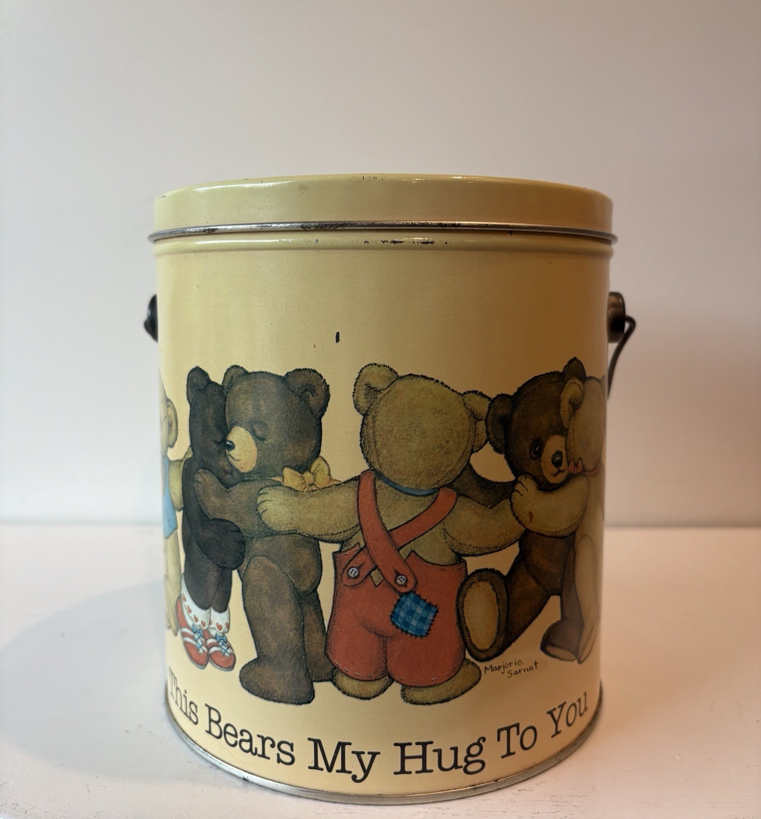 Vintage 1984 Teddy Bear This Bears My Hug To You Vintage Metal Tin with Handle Vintage 1984 Teddy Bear This Bears My Hug To You Vintage Metal Tin with Handle