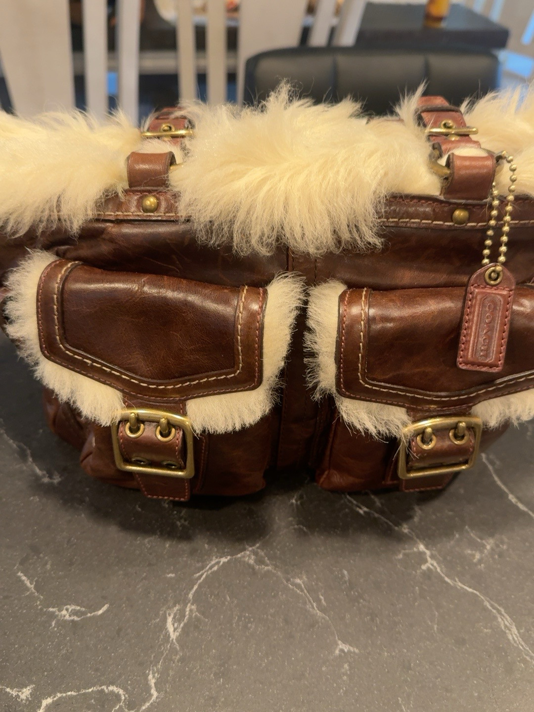 Vintage coach 8B06 Sherling Leather Tote Brown Cream Fur Y2K 2005