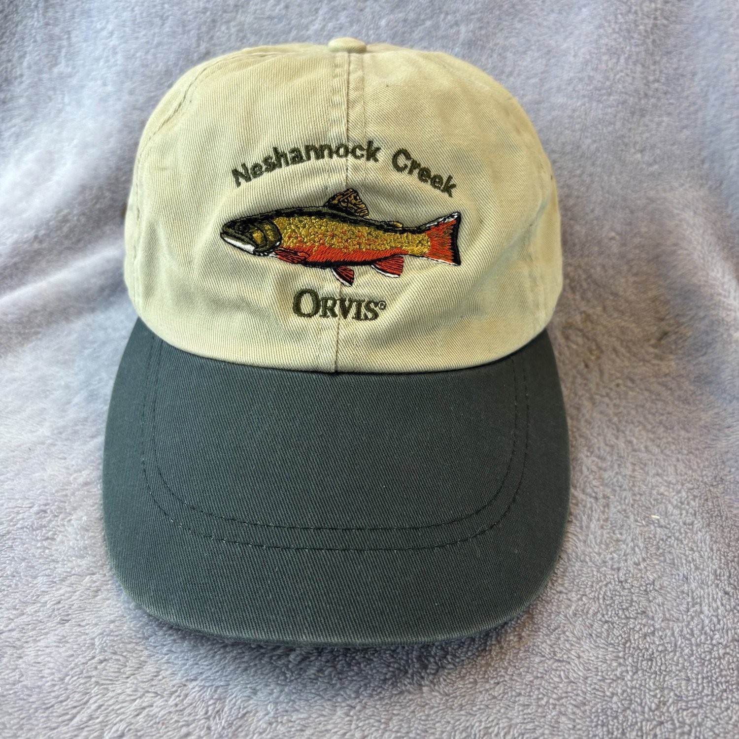 Orvis Neshannock Creek Fishing Baseball Hat Trout Mens OS Beige Vintage Leather