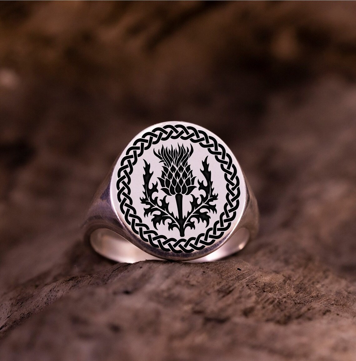 Scottish Thistle Engraved Signet Ring 925 Sterling Silver Ring US Duty Free