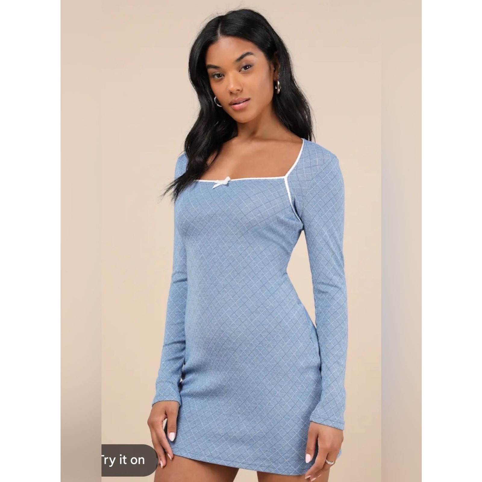 New Lulus Large Blue Long-Sleeve Square Neck Dress with Contrast Trim