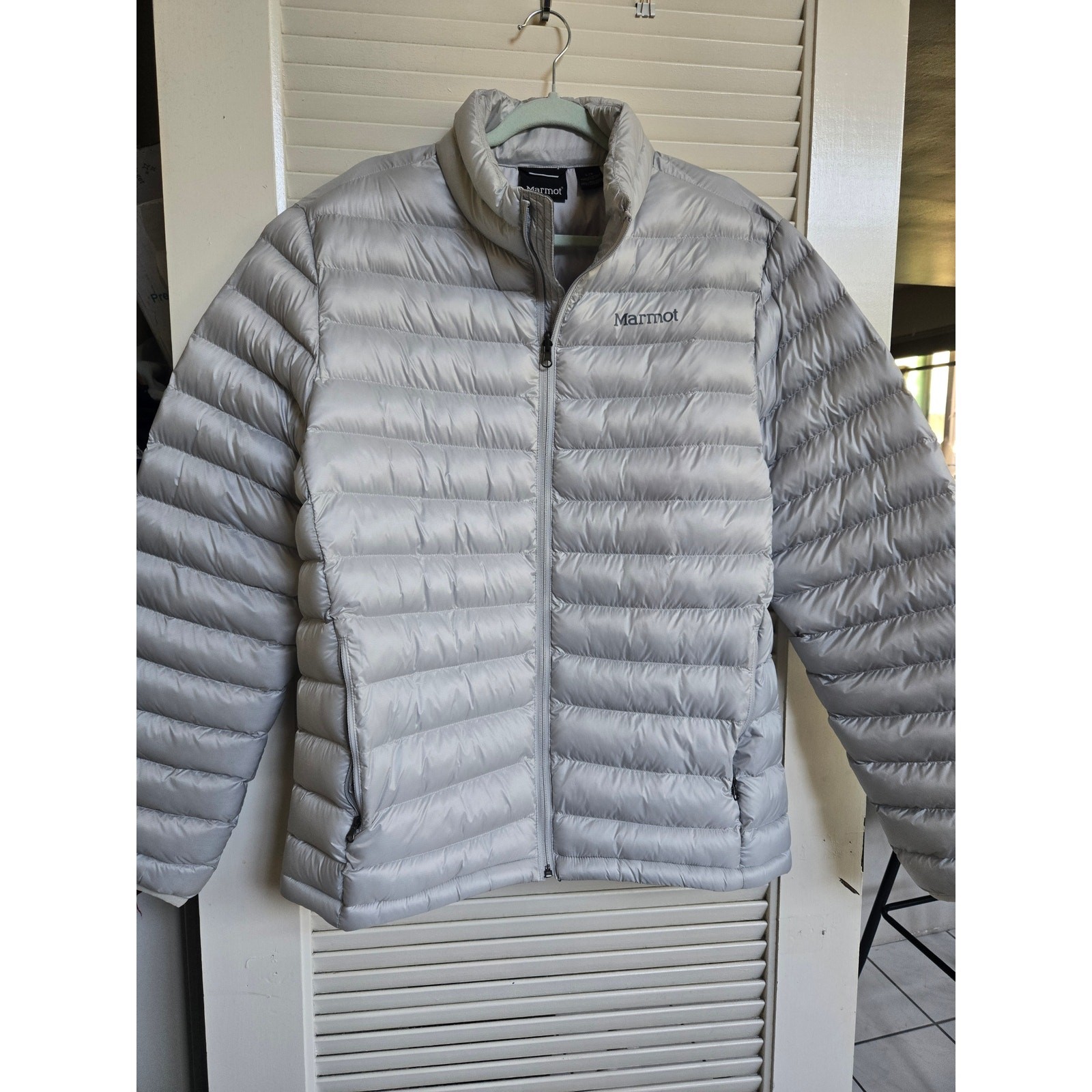 Marmot Zeus Down Puffer Jacket Mens Large Gray Silver 700-Fill Full Zip Packable