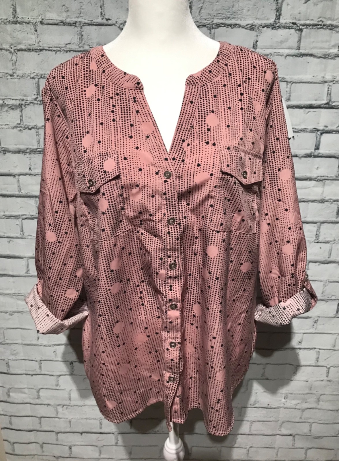 Notations, XL, Dusty Pink Collared/ Buttons/Roll-Up Sleeve Blouse Top, Workwear