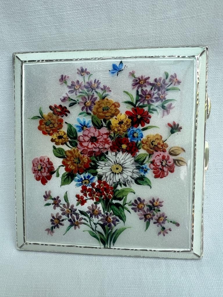 Outstanding Silver & Guilloche Enamel Bouquet Cigarette Case Birmingham 1941.