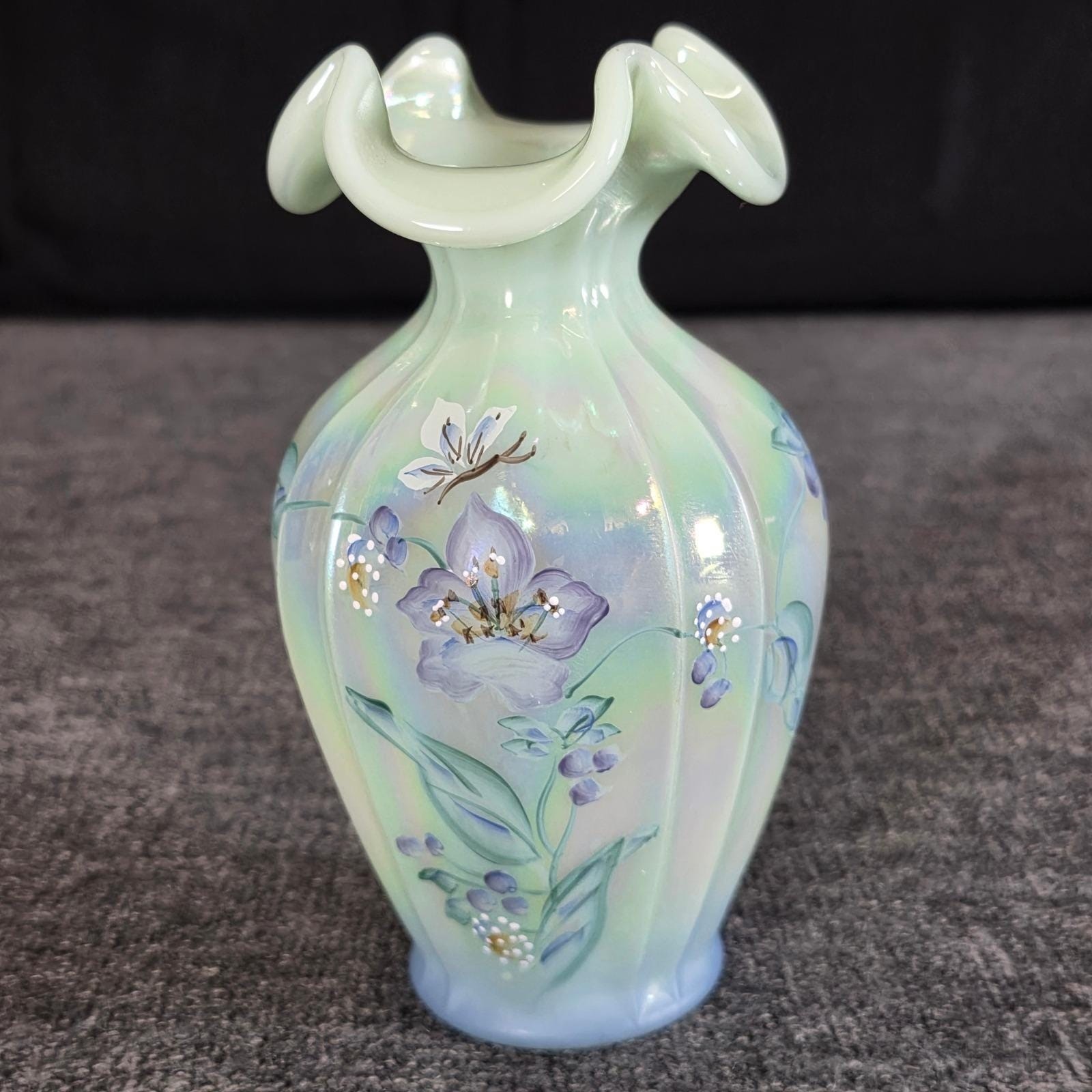 Fenton Aurora Sea Green Iridescent Glass Vase Hand Painted Floral Butterfly 7.5\