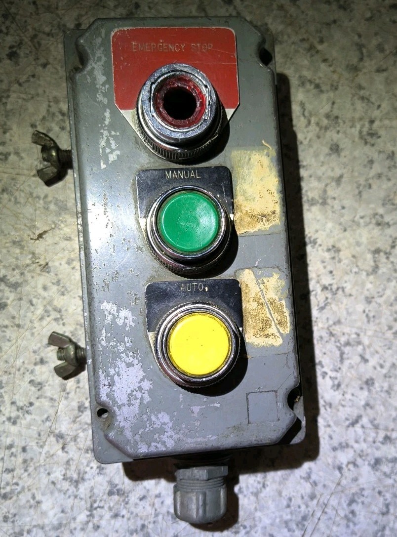 Vintage Industrial 3 Button Emergency Stop, Manual, Auto Power Control Box Vintage Industrial 3 Button Emergency Stop, Manual, Auto Power Control Box