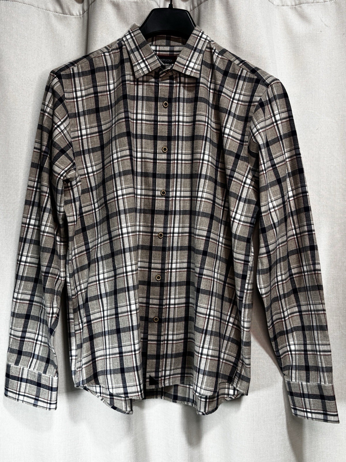 UNTUCKit Men\'s L Plaid Long Sleeve Button-Front Cotton Shirt Beige Gray Blue 