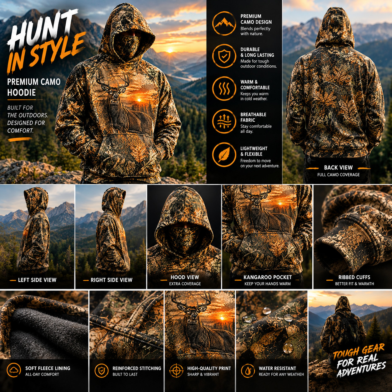 Men’s Premium 3D Deer Hunting Camo Hoodie – Realistic Woodland Print, Outdoor