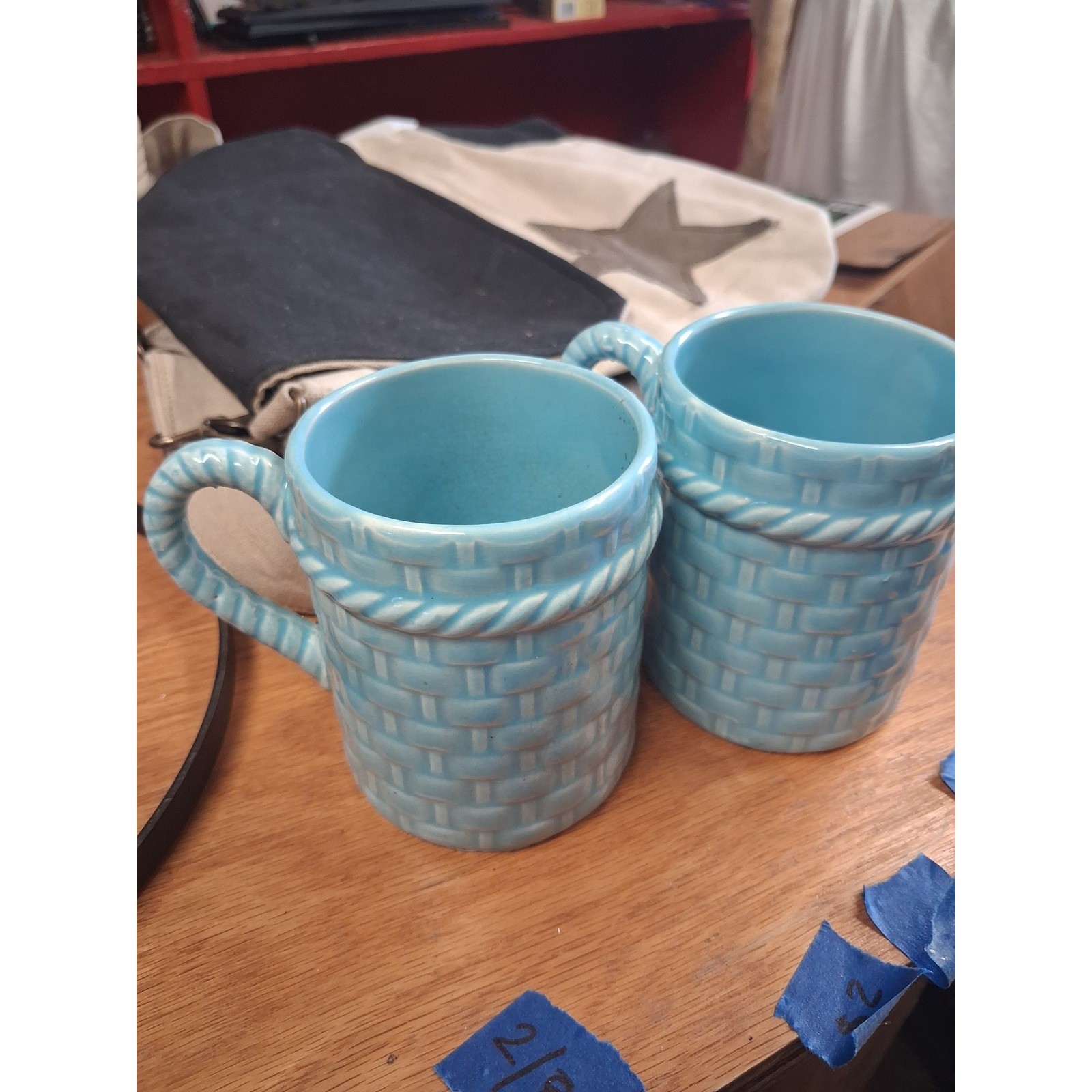 Vintage Japan Blue Basket Weave Ceramic Mugs Set of 2 Twisted Rope Handle