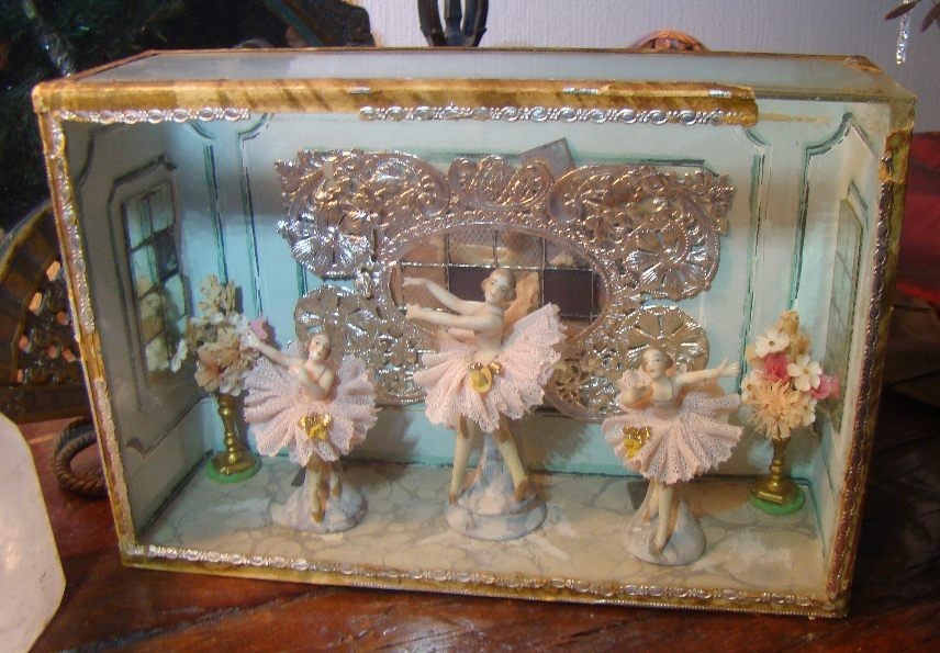 C.1920 Antique Dresden Porcelain Paper Lace Ballerina German Shadow Box Diorama
