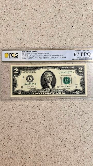 2017A $2 Star Note SN L04071579* SOLID/FILLED STAR Error Note PCGS 67PPQ RARE