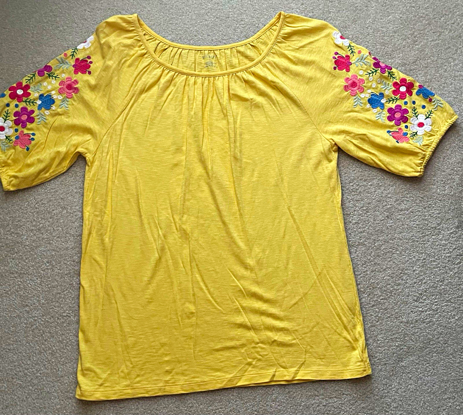 Talbots Womens Scoop Neck Knit Cotton/Modal Embroidered Floral Top Yellow Sz L