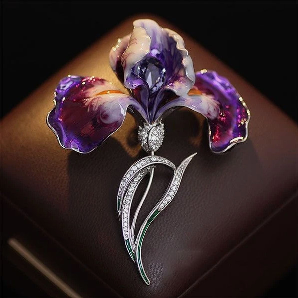 Vintage Purple Iris Brooch Pin Crystal Rhinestone Flower Statement Jewelry Gift