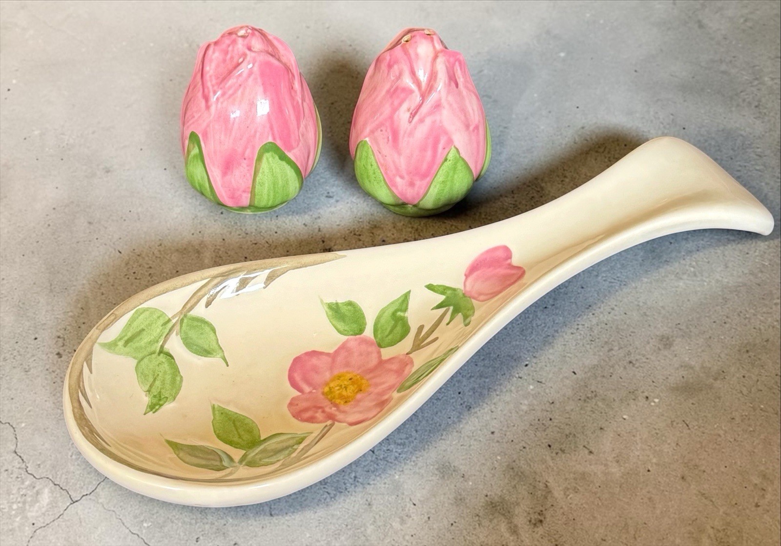 FRANCISCAN Desert Rose ceramic spoon rest & salt and pepper shakers ENGLAND