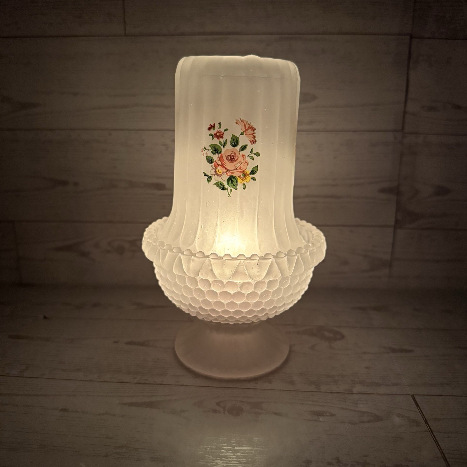 VTG Frosted Satin Glass Boudoir Fairy Lamp Floral Rose Hobnail Base Cottagecore