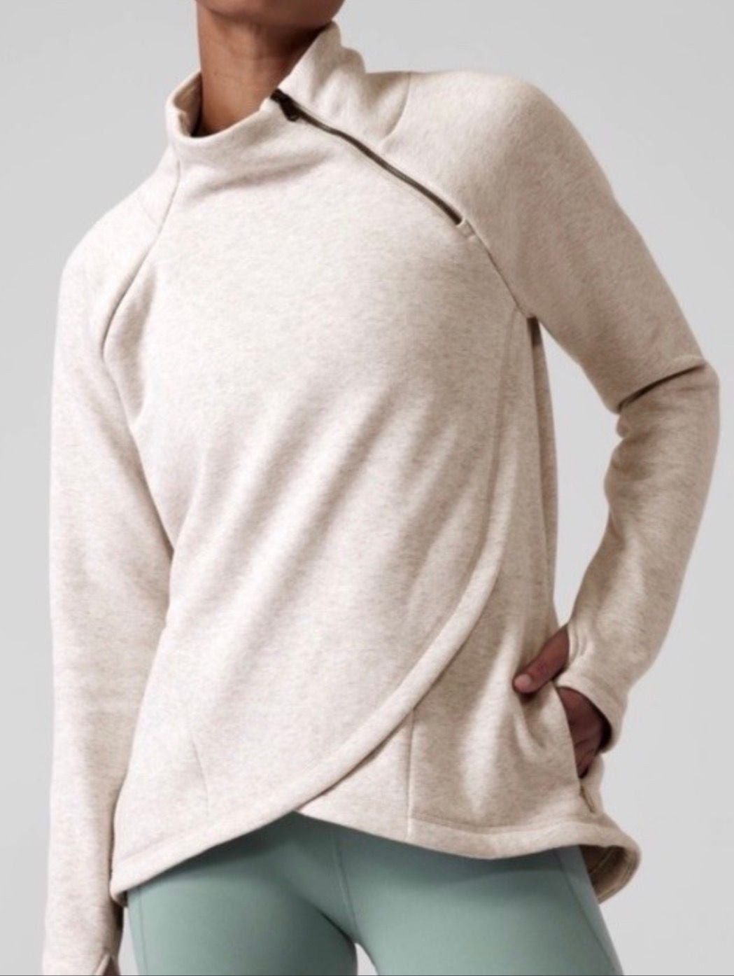 Athleta Cozy Karma Asymmetric Pullover Oatmeal Heather
