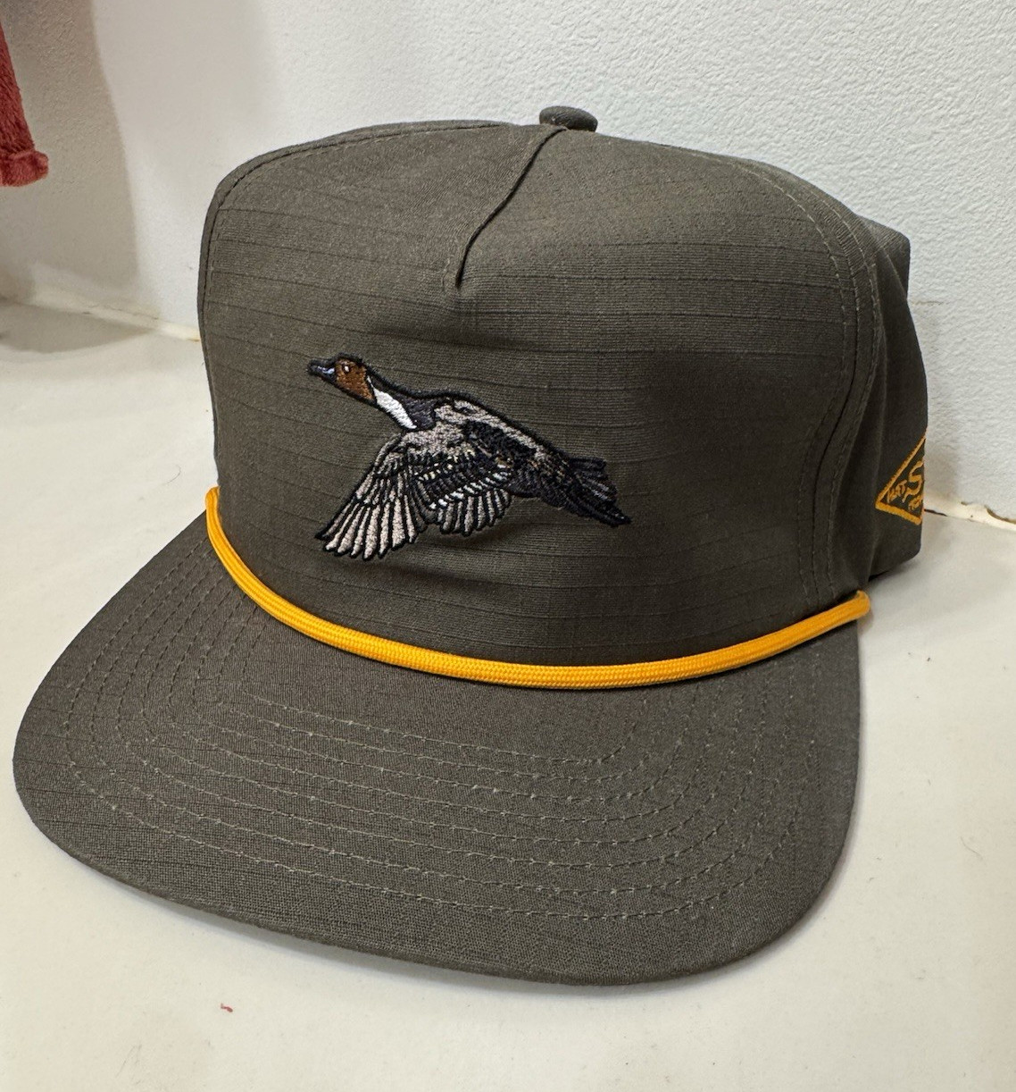 Duck Camp Gray Cotton Ball Cap Hat w/ Flying Duck Patch, Yellow Trim, Adjustable