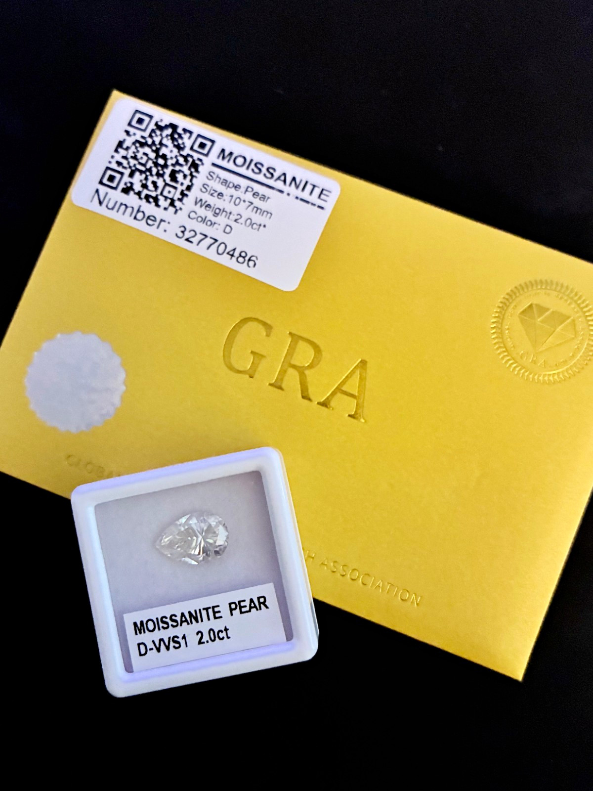 GRA Certified Moissanite Pear 2.0ct D VVS1 