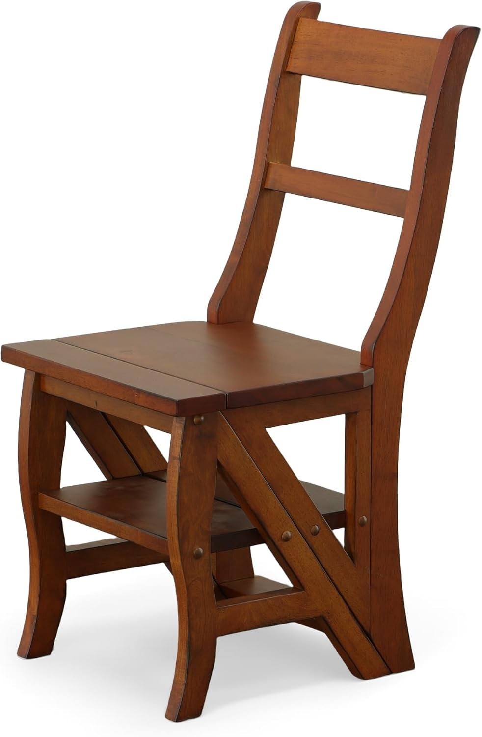 Antique Folding Library Ladder Chair 2-in-1 Convertible Step Stool Chestnut
