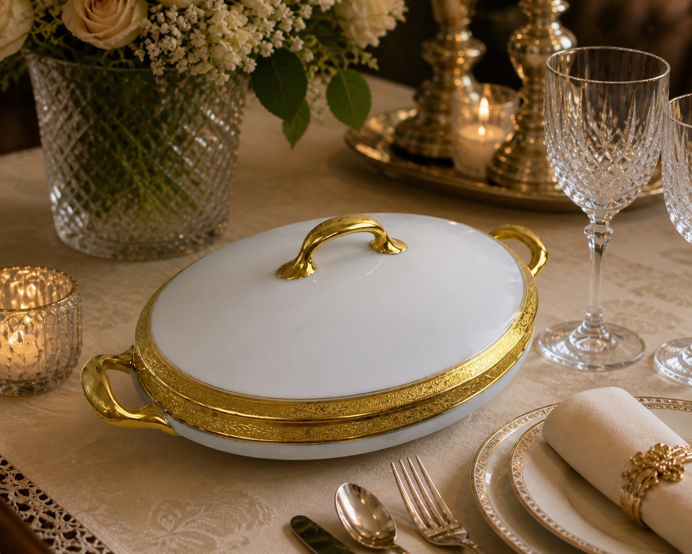 VTG Limoges France Porcelain Gold Encrusted Trim Oval Covered Dish Handles