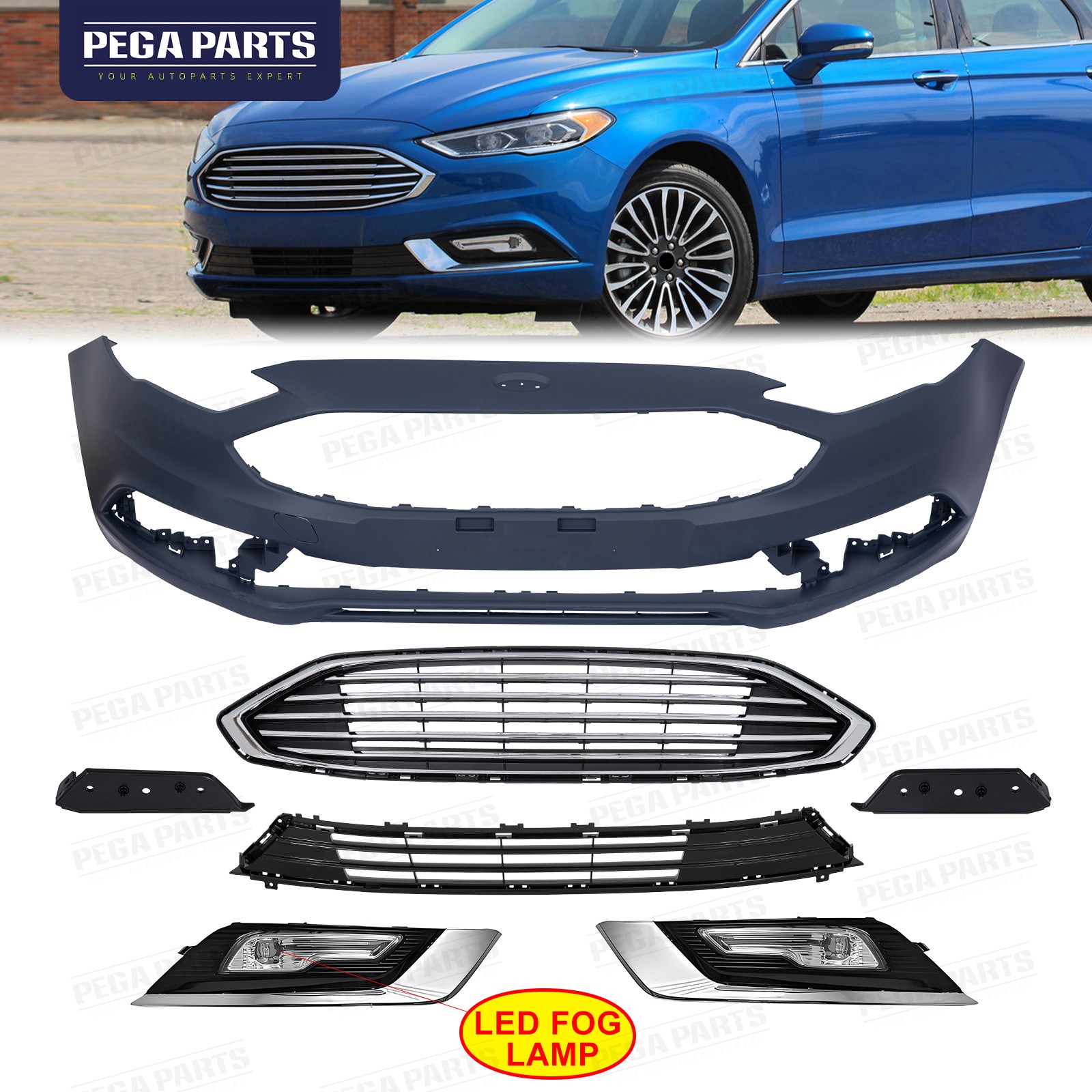 For 2017-2018 Ford Fusion Front Bumper Cover Grilles LED Fog Lights Brackets