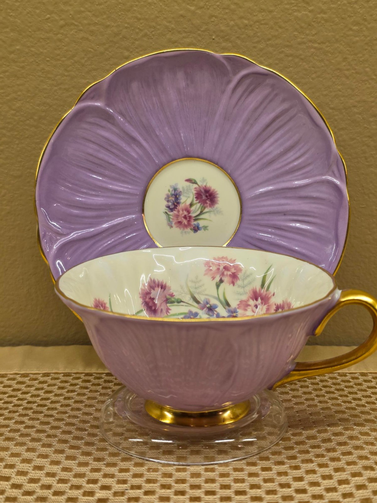 Shelley China: 'Carnation' Cup & Saucer - Footed Cup and Gold Trim Shelley China: 'Carnation' Cup & Saucer - Footed Cup and Gold Trim