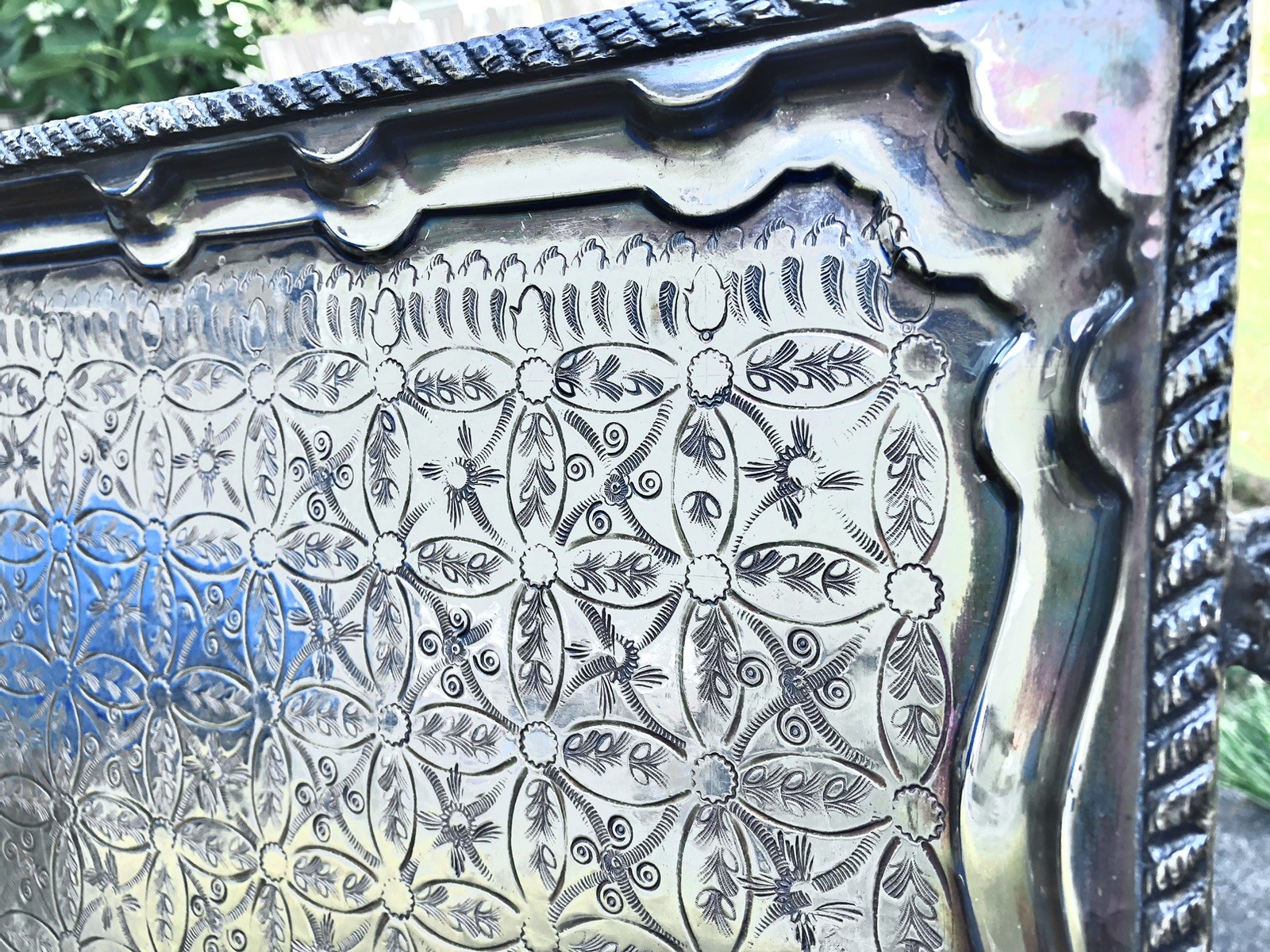 Vintage Moroccan / Middle Eastern Silver Plated Serving Platter Floral