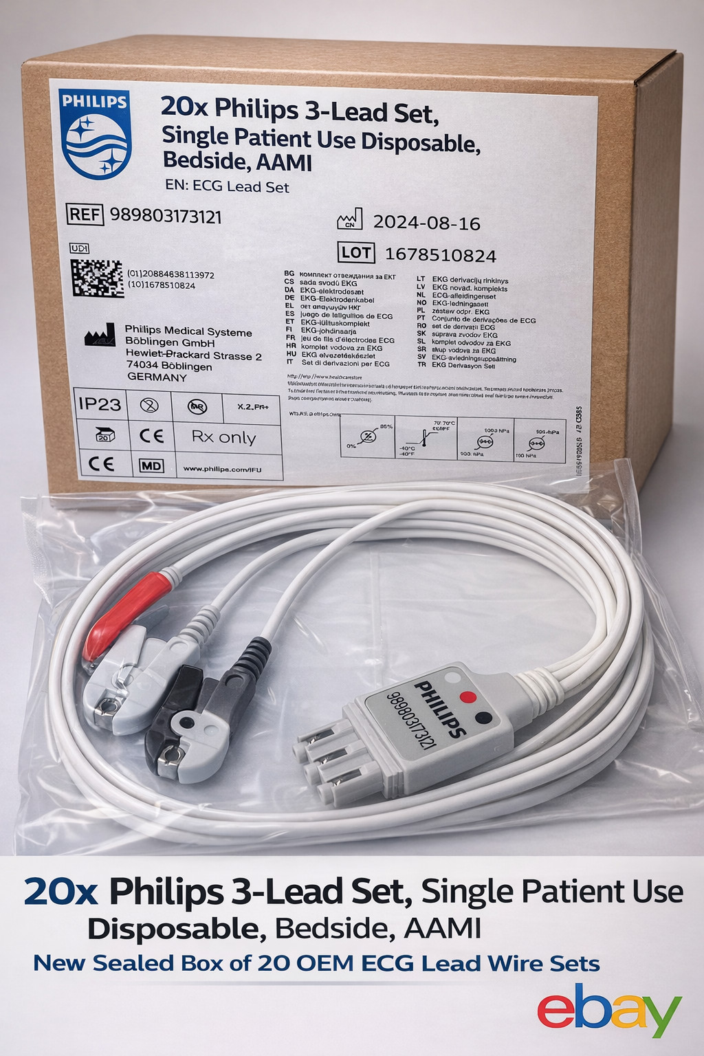 New OEM - Philips 3-Lead Set AAMI Bedside – Box of 20 – REF 989803173121