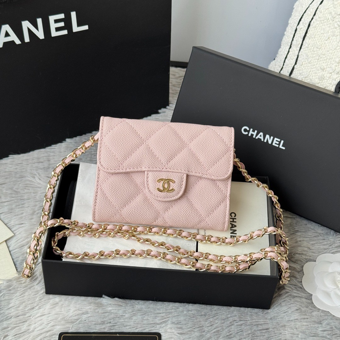 CC CH@NEL Pastel Pink Caviar Leather Magnetic Snap Mini Chain Wallet 0238