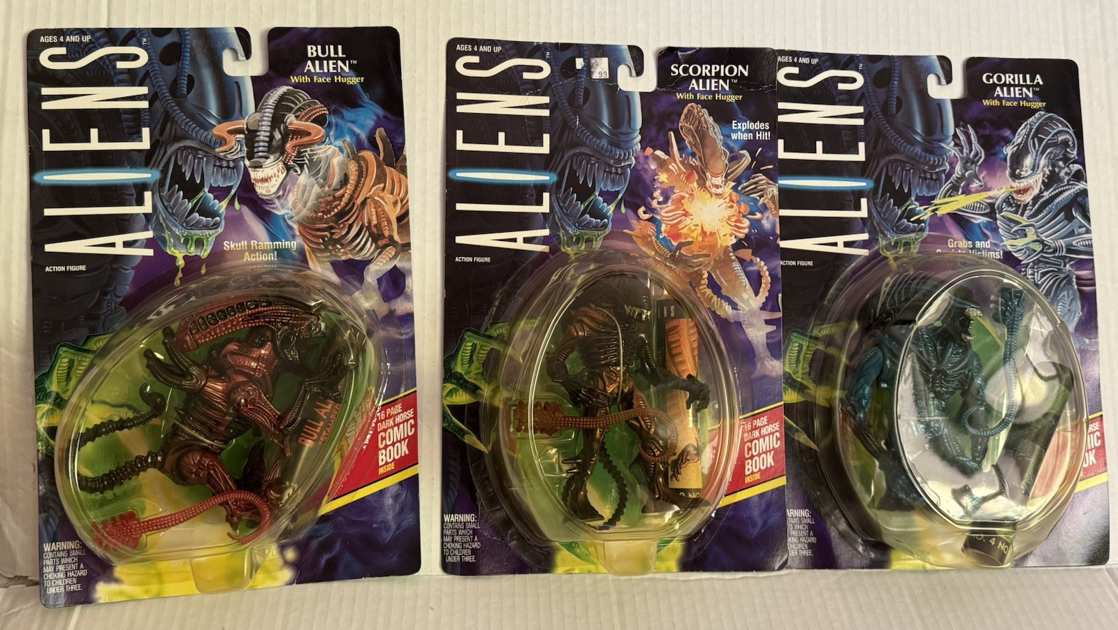VINTAGE 1992 KENNER ALIENS ACTION FIGURES SET OF 3, BULL, SCORPION & GORILLA.