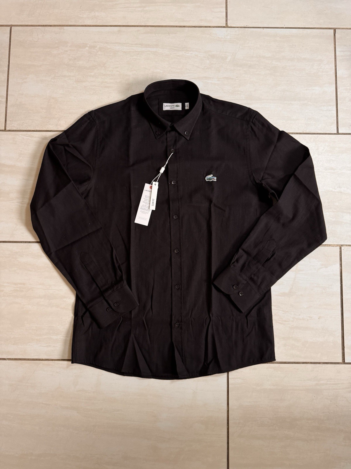 Lacoste Slim Fit Black Solid Button-Down Long Sleeve Button-Up Shirt Size Large