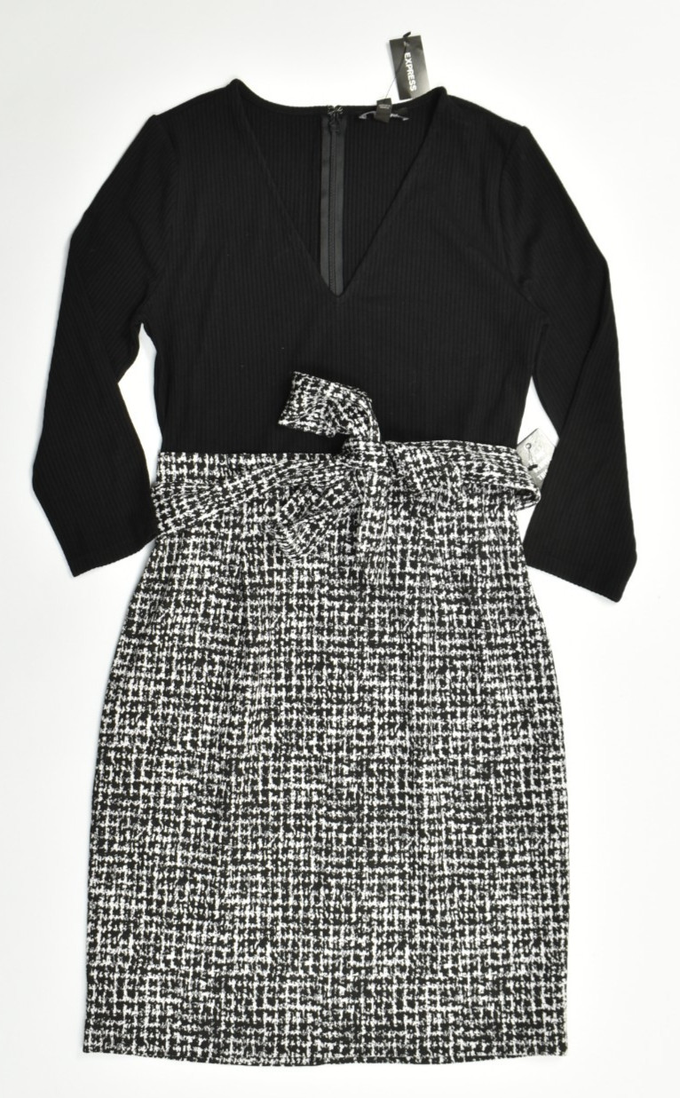 Express Women\'s Size Small Black Ribbed Knit Houndstooth Tie Waist Sheath Dress