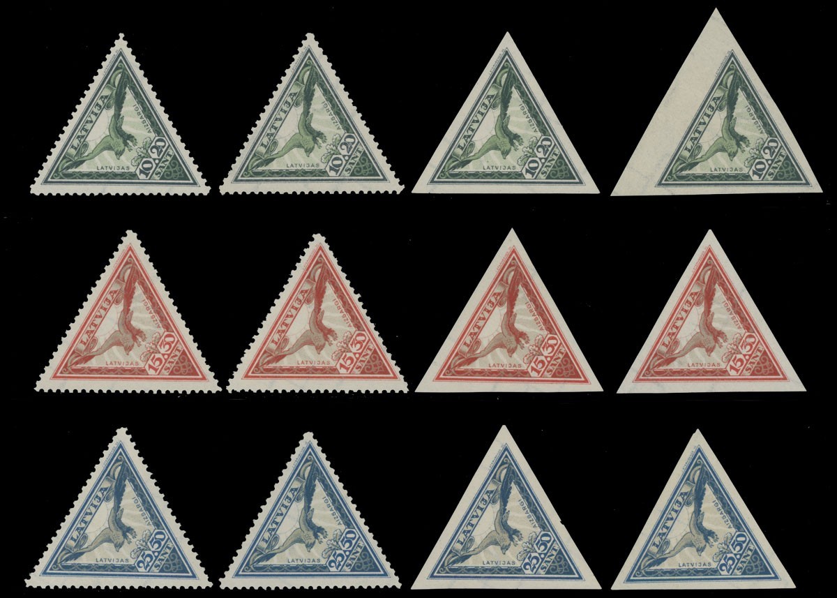 1932, LATVIA HOME GUARDS FUND, 2 PERF+2 IMPERF SETS, WMK VAR, NH, SC. #CB6-8, a